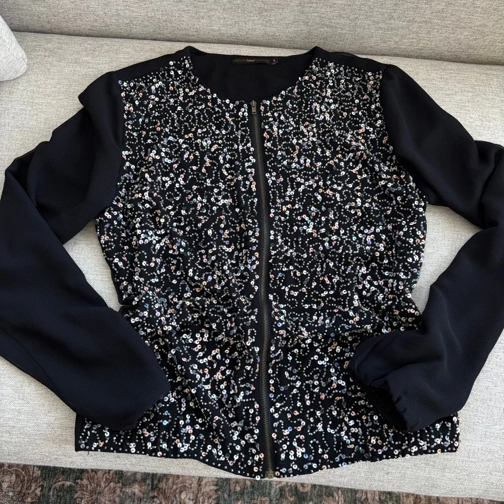 Anthropologie Hazel Sequin Zip Up Bomber Jacket S Beaded Iridescent Glam Party
